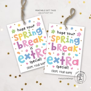 May include: Two white gift tags with the text "hope your SPRING BREAK is extra special!" in colorful letters. The tags are 2.5 x 3.5 inches and have a string attached. The tags are decorated with flowers and hearts.