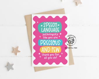 Speech Language Pathologist Greeting Card Printable, SLP Thank You Card, Appreciation Note, Cute Pink Rainbow Gift for SLP Day