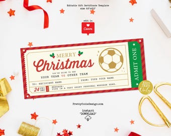 Christmas Surprise Soccer Game Gift Voucher, Soccer Christmas Gift Ticket, Sports Gift Ticket Coupon, Editable Soccer Certificate Template