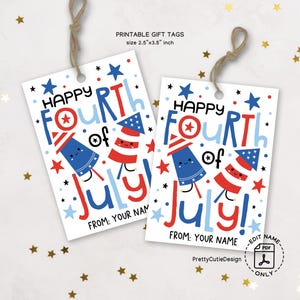 Étiquette-cadeau du 4 juillet imprimable, joyeux 4 juillet personnages mignons de feu d'artifice, étoiles bleus blancs rouges patriotiques, étiquette de cadeau