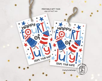 4th of July Gift Tag Printable, Happy Fourth of July Cute Firework Characters, Patriotic Red White Blue Stars, Party Favor Tag