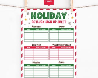 Holiday Potluck Sign Up Sheet, Canva Template, Christmas Party Food List by Category