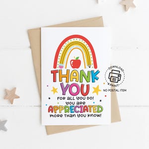 Carte de remerciement de professeur arc-en-ciel imprimable, carte de la semaine d'appréciation des enseignants, vous êtes apprécié, téléchargement immédiat, joli cadeau de professeur