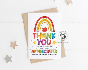 Rainbow Teacher Thank You Card Printable, Teacher Appreciation Week Card, You Are Appreciated, Instant Download, Cute Teacher Gift