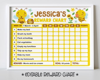 Little Bee Reward Chart for Kids, Simple Kids Editable Reward Chart - Digital Template INSTANT DOWNLOAD