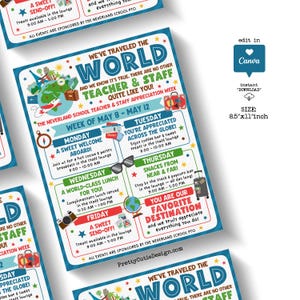 Travel themed staff appreciation poster printable for school events, made to edit in Canva and use as a bulletin board sign, lounge display, or welcome poster, with colorful block fonts, a globe illustration, passport, luggage tags, compass, and bright destination-inspired details.
