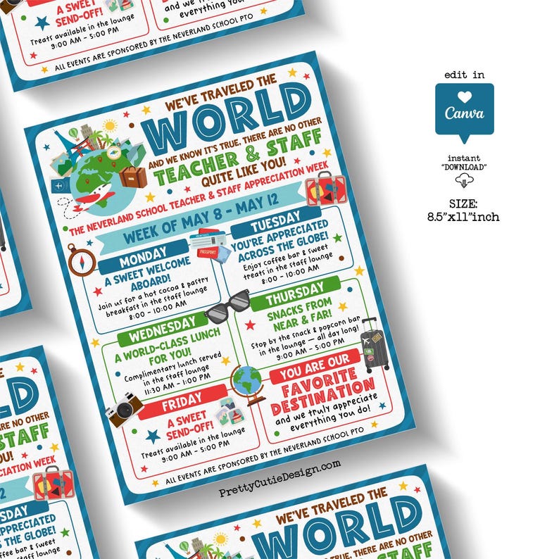 Travel themed staff appreciation poster printable for school events, made to edit in Canva and use as a bulletin board sign, lounge display, or welcome poster, with colorful block fonts, a globe illustration, passport, luggage tags, compass, and bright destination-inspired details.
