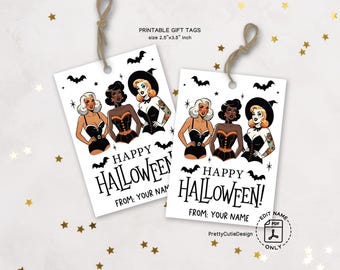 Happy Halloween Gift Tags Printable, Pinup Witch Halloween Tags, Inclusive Halloween Treat Tags, Halloween Diverse Retro Witch Favor Tags