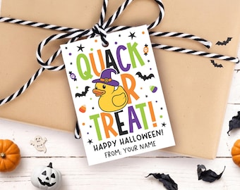 Printable Halloween Rubber Duck Gift Tag, Quack or Treat Card for Classmate, Witch Candy Bag Favor with Sweets, Digital Download