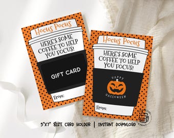 Hocus Pocus Coffee Gift Card Holder Printable, Halloween Appreciation Gift for Teacher Friend Coworker, Orange Polka Dot Gift Card Envelope