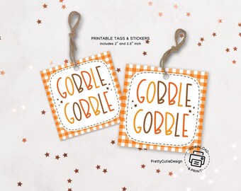 Thanksgiving Gift Tags Printable: Gobble Gobble, Gingham Orange, 2 and 2.5 Inch PDF Download