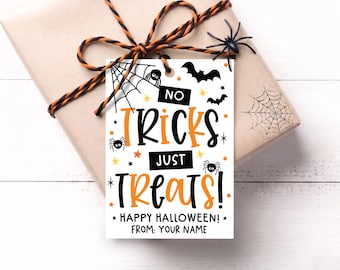 Printable Halloween Gift Tag, No Tricks, Just Treats Bag Label for Students, Cute Spider Classroom Candy Party Favor Digital Download