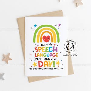 Carte de voeux pour orthophoniste imprimable, carte arc-en-ciel d'appréciation SLP, note de remerciement pour la journée SLP, téléchargement immédiat 4 x 6