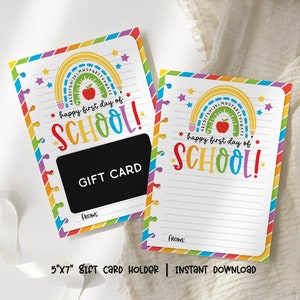 Porte-cartes joyeux premier jour d'école à imprimer, porte-cartes pour la rentrée scolaire, carte-cadeau personnalisée arc-en-ciel de remerciement pour les enseignants