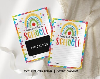 Happy First Day of School Gift Card Holder Printable, Back to School Gift Card Holder, Rainbow Personalized Teacher Appreciation Gift Card