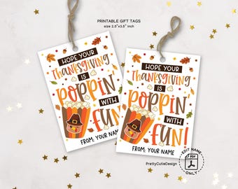 Thanksgiving Popcorn Favor Tags Printable: Kids Classroom Party Treat Bag Labels, Teacher Resource Gift