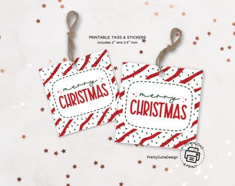 Merry Christmas Gift Tags: Red & White Xmas Treat Labels (Digital Download)