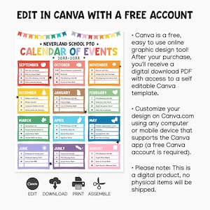 School PTO PTA organization flyer bundle featuring four editable Canva templates: membership sign up sheet, meeting flyer, recruitment poster, and events calendar. Colorful design for parent engagement.