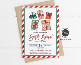 Secret Santa Gift Exchange Invitation Template 5x7 Printable: Editable Canva (Digital)
