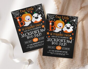 Halloween Birthday Invitation, Our Little Boo Is Turning Two, Ghost Pumpkin Party Invite, Editable Canva Template, Printable Boo-Day Card