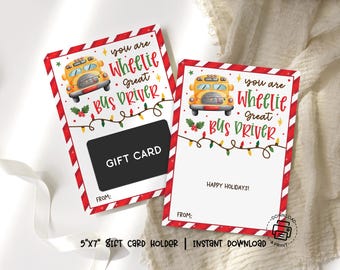 School Bus Christmas Driver Gift Card Holder Printable, Wheelie Great, Festive Holiday Download