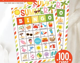 Summer Bingo Game Printable, 100 Colorful Bingo Cards for Kids, Beach Party Activity, Instant Download PDF, Fun Summer Game Idea