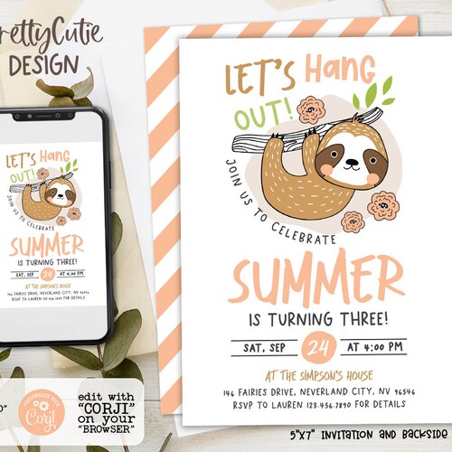 Editable Sloth Birthday Invitation for Instant Digital - Etsy