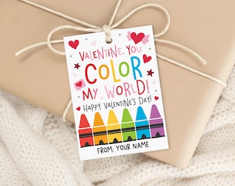 Crayon Valentine Gift Tags, Color My World Label, Kids School Party Favor, Digital Download