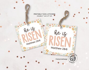 Easter Printable Gift Tags, He Is Risen Easter Gift Tags, Flower Easter Cookie Tag, Happy Easter Cookie Square Gift Tag or Favor Stickers