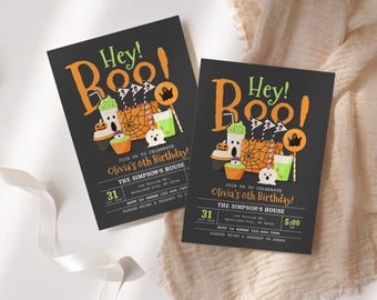 Halloween Birthday Invitation Printable, Editable Hey Boo Dessert Party Invite, Cute Kids Birthday Canva Template with Treats and Drinks