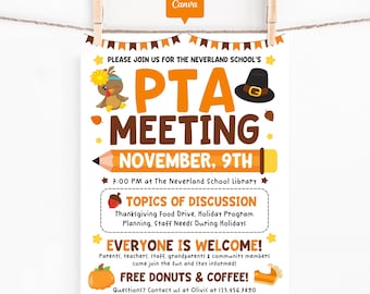 Thanksgiving PTA PTO Meeting Flyer Printable, Editable Parent Teacher Meeting Sign, Fall School, November School Event Poster Canva Template