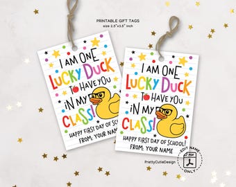 Back to School Teacher Gift Tags Printable, Lucky Duck First Day of School Tags, Welcome to My Class Favor Tag, Rubber Duck Student Gift Tag