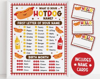 Hotdog Name Game Printable, Funny BBQ Party Game for Kids Adults, Summer Cookout Activity, Red Gingham Name Tags, Instant Download