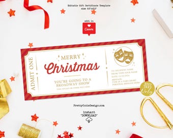 Christmas Broadway Show Surprise Gift Ticket Template, Editable Musical Theater Christmas Gift Certificate, Printable Stocking Stuffer Gift