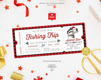 Editable Christmas Gift Certificate Template, Surprise Ticket Gift Voucher for a Christmas Fishing Trip, Fishing Trip Reveal Gift Coupon