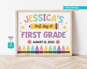 Editable First day of 1st Grade Sign, Personalized 1st Day of School Printable Template, Girl Back to School Photo Prop, Instant Download