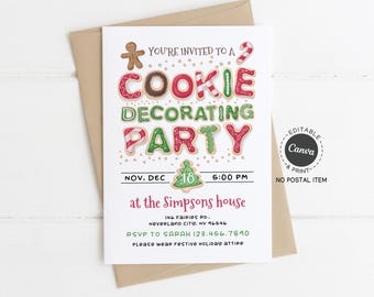 Cookie Decorating Party Invitation Template, Iced Gingerbread Letters, Editable Canva, 5x7 Printable (Digital)
