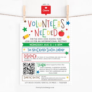 School Volunteer Flyer Editable Template, PTO Recruitment Flyer Canva, Back to School Volunteer Sign Up Poster, Printable School Event Flyer