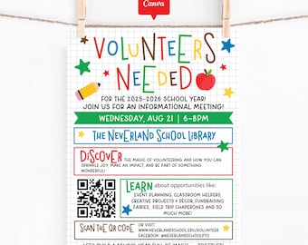 School Volunteer Flyer Editable Template, PTO Recruitment Flyer Canva, Back to School Volunteer Sign Up Poster, Printable School Event Flyer