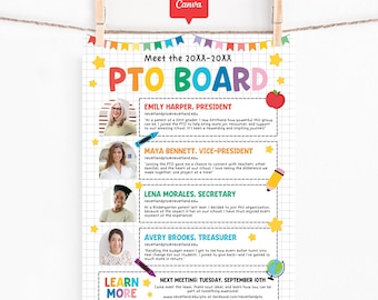 Editable Meet the PTO Board Flyer Printable, Canva Template for School Leadership Introduction, Parent Teacher Organization Bio Poster