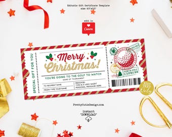 Surprise Golf Gift Voucher, Golf Lessons Christmas Gift Ticket, Sports Gift Ticket Coupon, Editable Golfing Gift Certificate Template