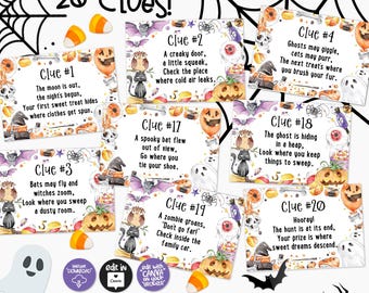 Halloween Scavenger Hunt Clues: 20 Rhyming Riddles, Family Game (Printable Canva Template)