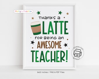 Thanks a Latte Teacher Sign Printable, Coffee Themed Teacher Appreciation Week Decor, Caffeine Gift Table Sign for Staff Lounge