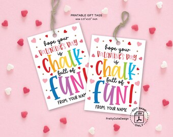 Chalk Valentine Gift Tag, Full of Fun Sidewalk Chalk Hearts, Editable Square Non-Candy Printable for Preschool Classroom and Teachers