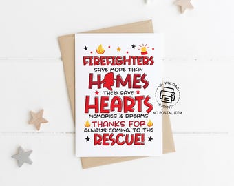 Firefighter Appreciation Card Printable, Firefighter Rescue Hero Thank You Card, Firefighters Day Greeting Card, Fire Truck Printable Card
