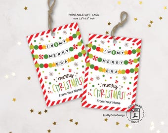 Merry Era Christmas Gift Tag Printable, Trendy Holiday Favor, Friendship Bracelet Label