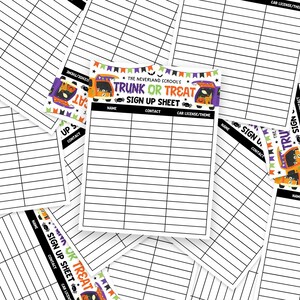 Fun and functional Halloween sign-up sheet with festive graphics, formatted for trunk or treat events, includes space for names, contacts, and vehicle decorations, fully editable Canva template for reuse.