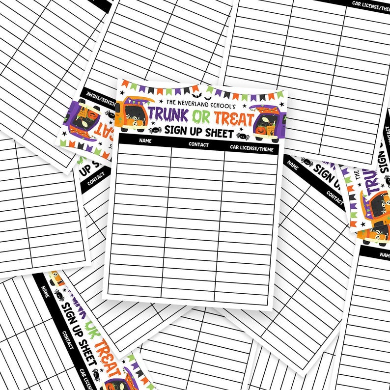 Fun and functional Halloween sign-up sheet with festive graphics, formatted for trunk or treat events, includes space for names, contacts, and vehicle decorations, fully editable Canva template for reuse.