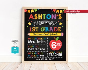 First Day of School Sign, Editable and Reusable Back to School Sign Template, Colors of The Rainbow First Day of 1st Grade Chalkboard Sign