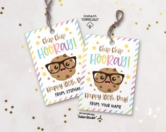 100 Days School Printable Cookie Tag, Chip Chip Hooray Happy 100 Days Classroom Gift Tags, Teacher Student Gift, Classroom Treat Tags